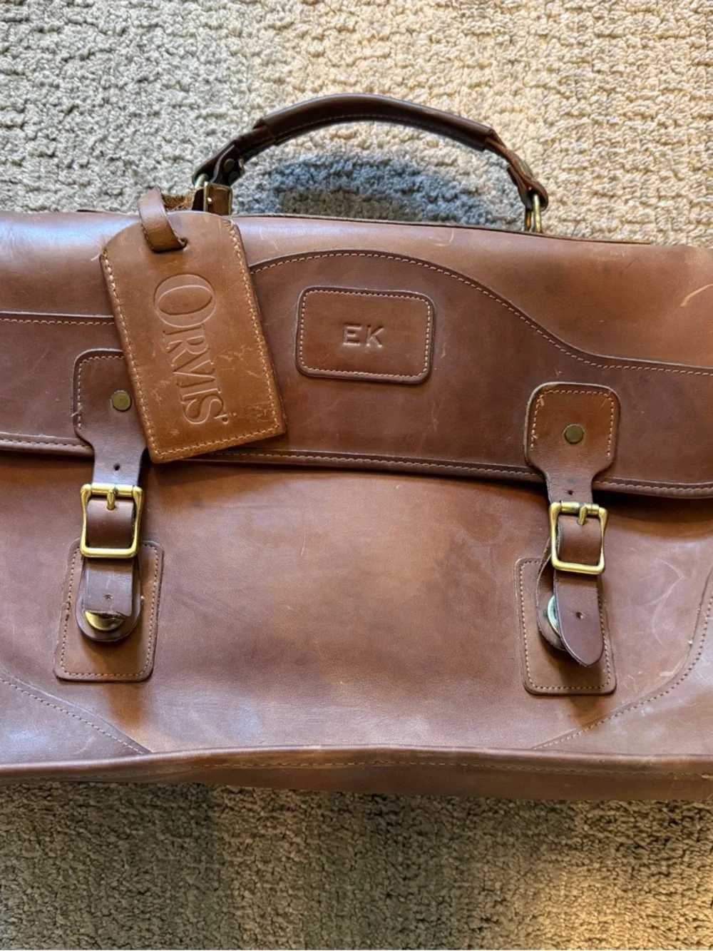 Orvis Classic Brown Leather Briefcase w/ Brass Hardware Book Bag